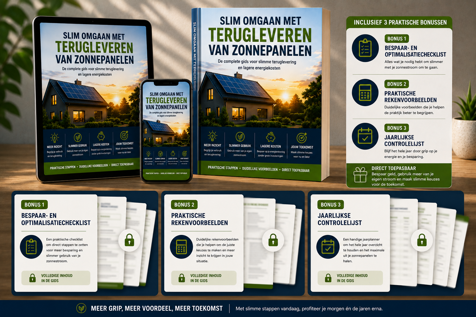 De gids Slim Omgaan met Teruglevering van Zonnepanelen op tablet, telefoon en als boek, met de drie bonussen