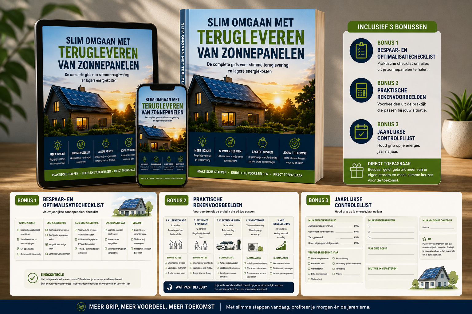 De gids Slim Omgaan met Teruglevering van Zonnepanelen op tablet, telefoon en als boek, met de drie bonussen